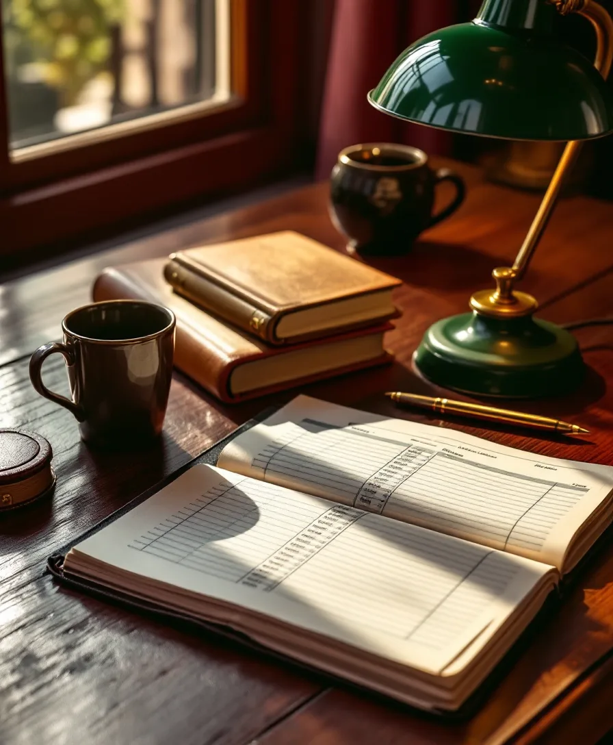 A reconciled ledger open on a warm-lit desk with a brass pencil and green banker's lamp