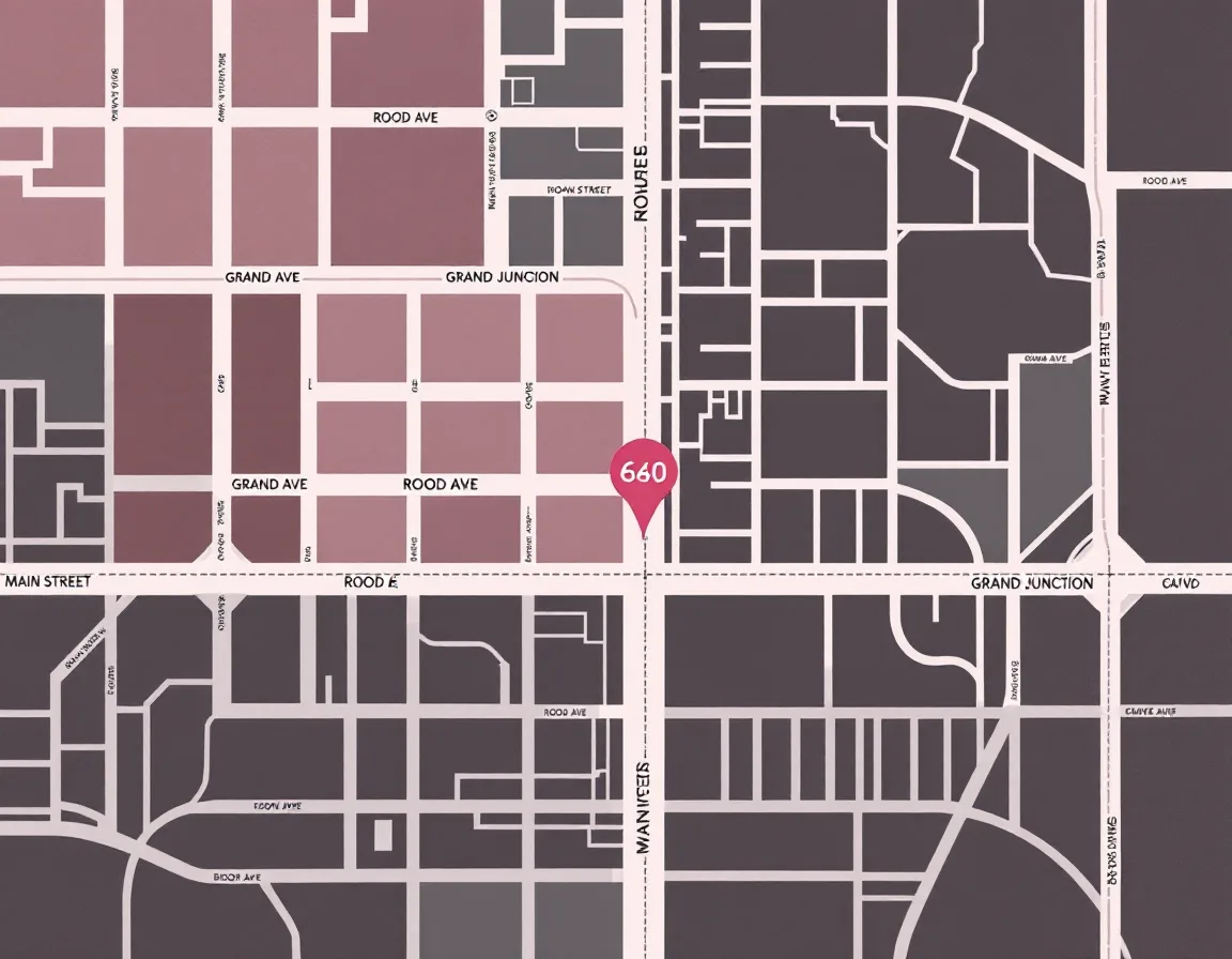 Map showing 640 Rood Ave in downtown Grand Junction, two blocks off Main Street