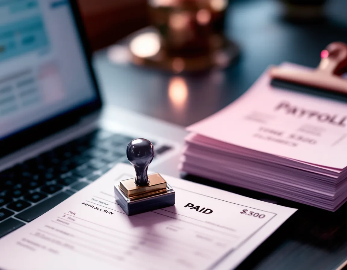 A payroll screen next to printed time sheets and a PAID stamp